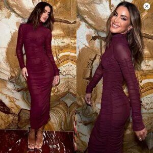 Camila Coelho Joelle Ruched Long Sleeve Midi Dress Plum Purple